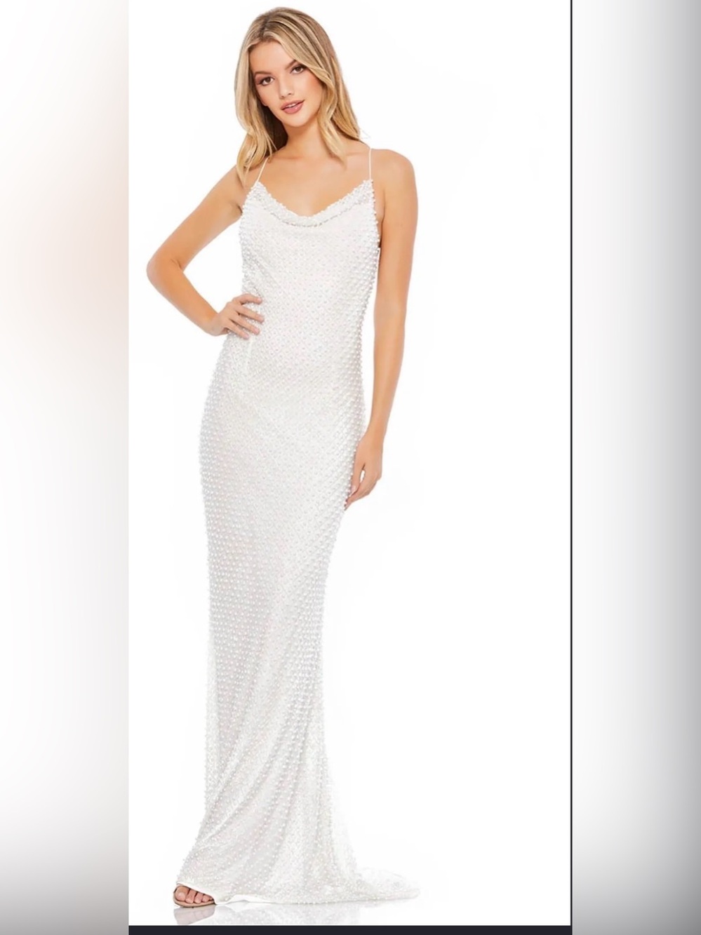 Mac Duggal White Pearl-Embellished Cowl Neck Maxi Dress